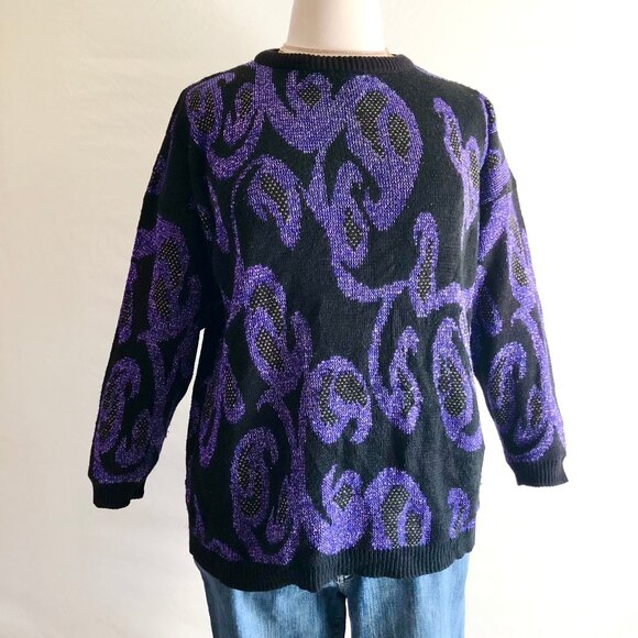 Vintage 90s Distinctly Different Abstract Sweater Purple Black Plus Size 22W - Picture 1 of 10